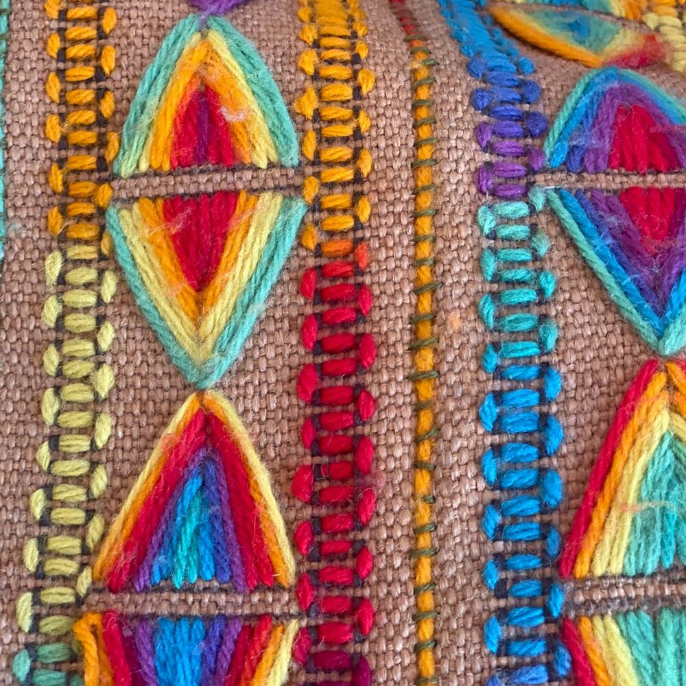 Vintage Handcrafted Burlap Tote Bag | Yarn Embroidered Rainbow - Picture 10 of 10